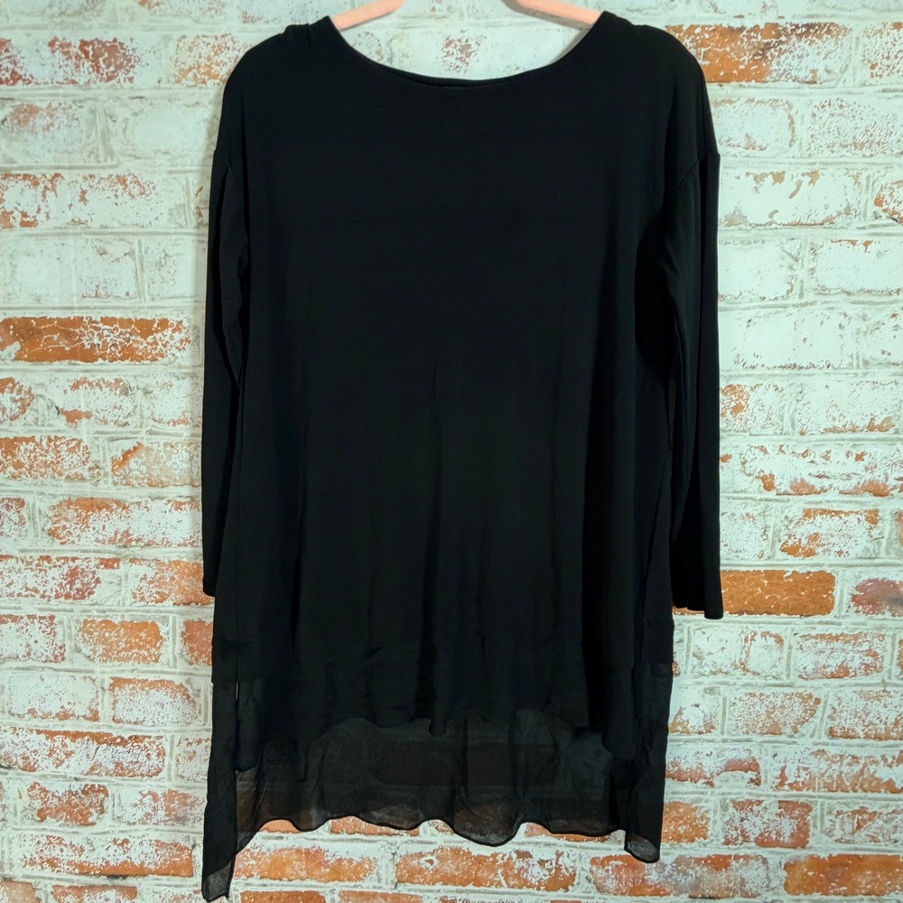 Eileen Fisher Silk Tunic Women Small Black Sheer Hem Long Sleeve Layered Blouse
